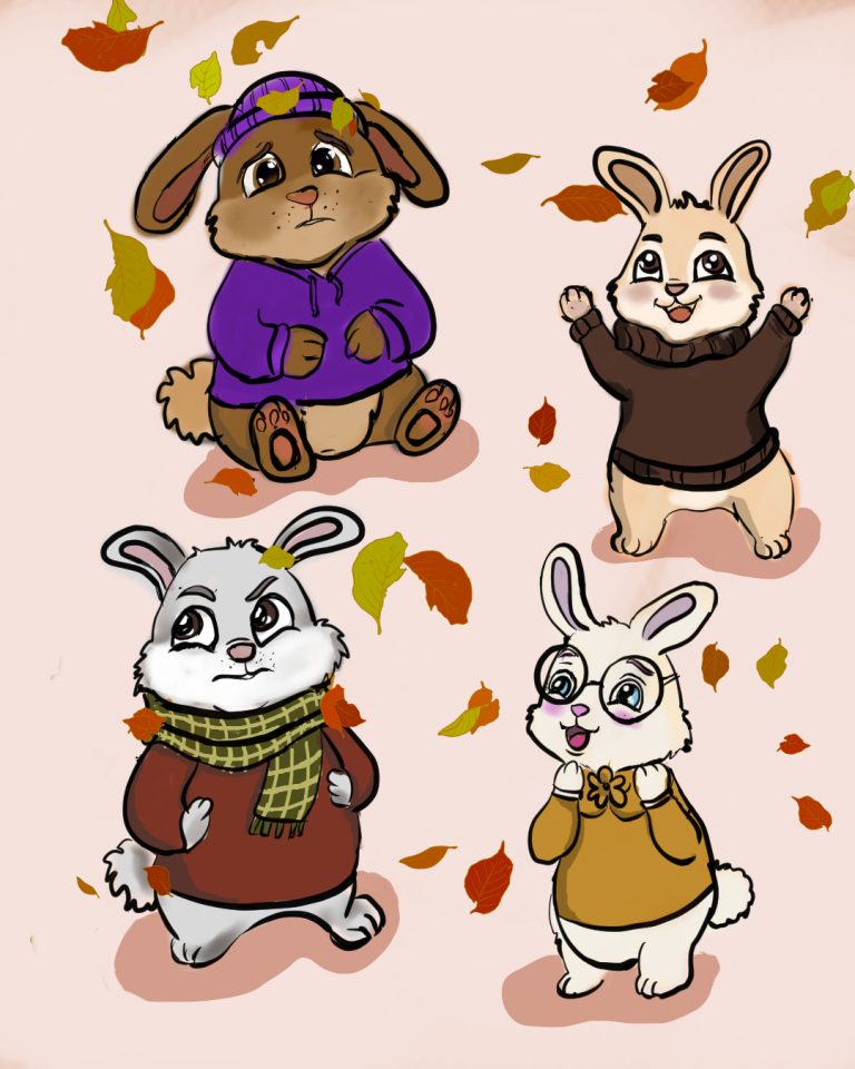 Illustration de livre jeunesse, lapins kawaîi, sur le thème de l'automne