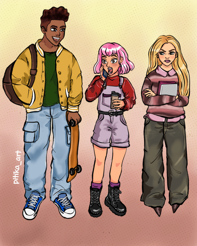 Dessins de groupe étudiants : amitié, études, loisirs, personnalités, mode